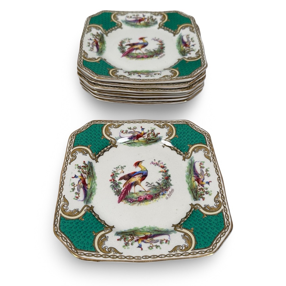 Vintage Myott Chelsea Bird Green Square Bread and Butter Plates 6" Lot of 8